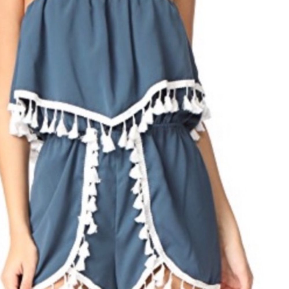 BB Dakota Blue Strapless Tassle Boho Romper